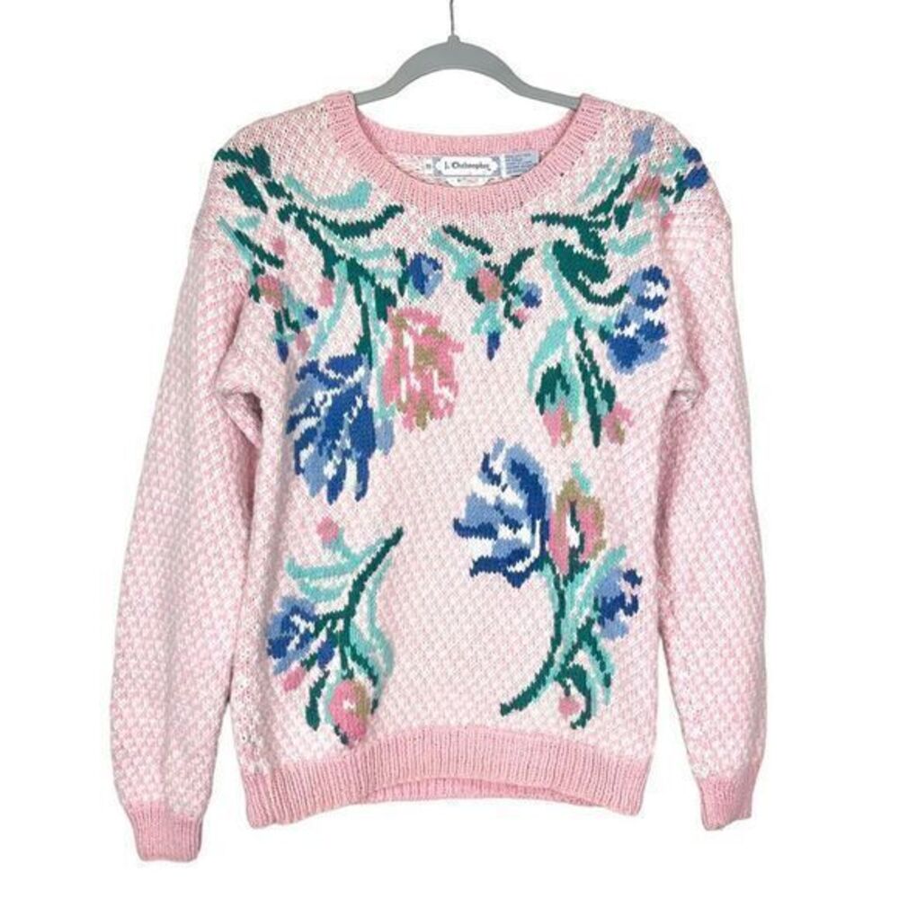 J. Christopher Vintage Hand Knit Pink Floral Sweater Grannycore Cottage-core